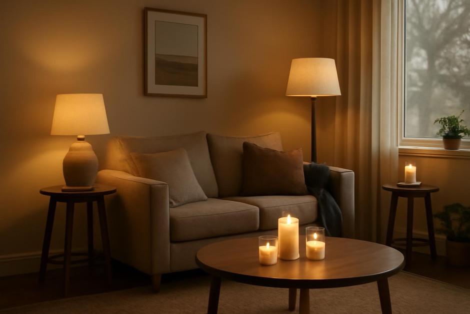 Warm layered lighting in a living room with lamps and candles