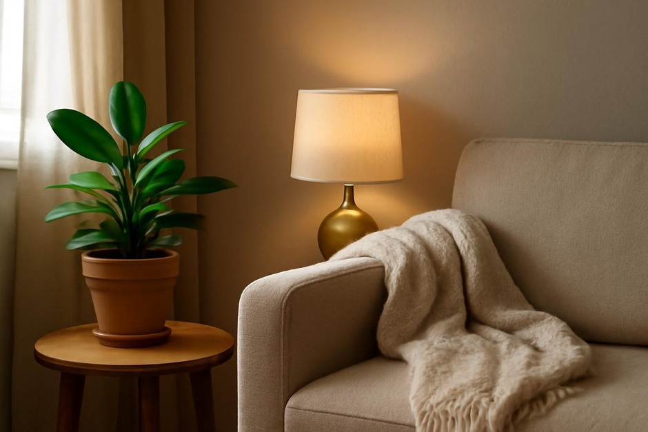 A small cozy corner with a plant, soft throw, and warm light