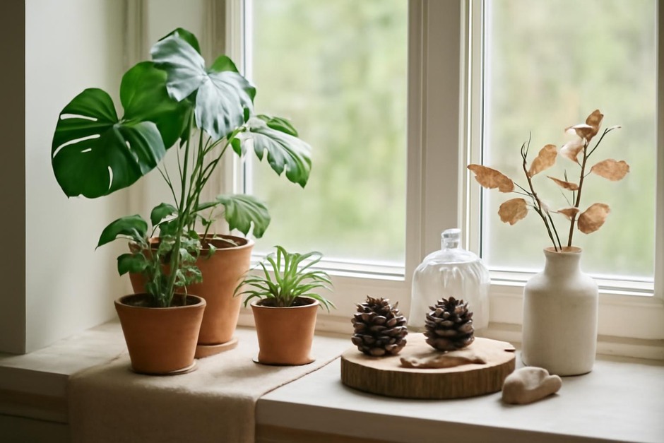 A cozy windowsill with potted plants and a small nature display